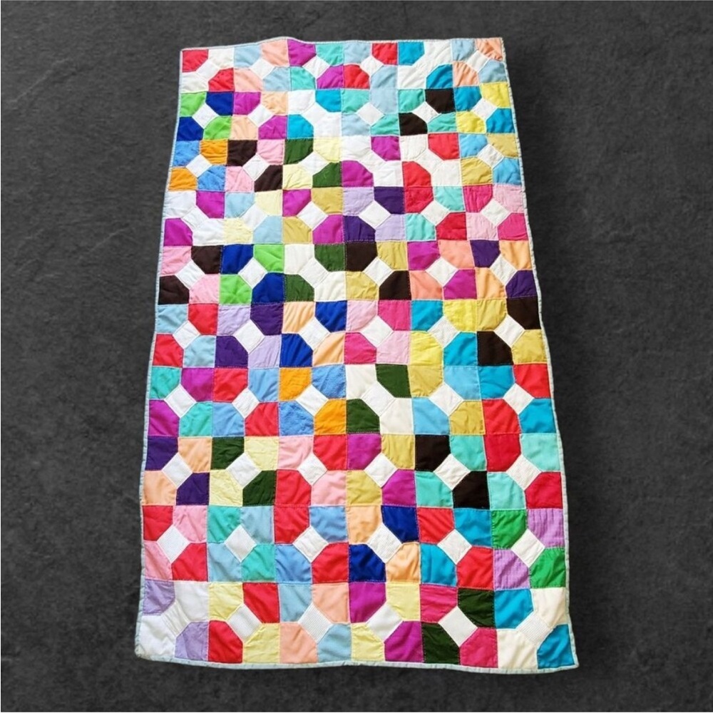 Vintage Hand Sewn Childs Colorful Patchwork Quilt Block color By Karen 66x39